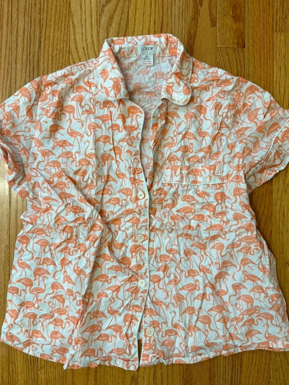 jcrew button up pajama top with coral colored flamingos